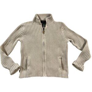 Lauren Ralph Lauren M Beige Rib Knit Cotton Cardigan Sweater Classic Heritage